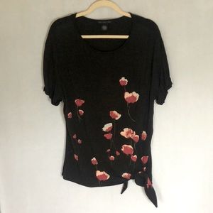 Joan Vass Black Floral Tie-Hem Short-Sleeved Top